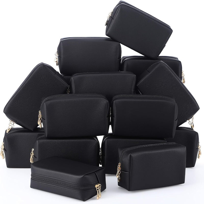 15-Pack Black Makeup Bags with Gold Hardware – Square Travel Cosmetic Pouches, Durable Polyester Toiletry Organizers for Women