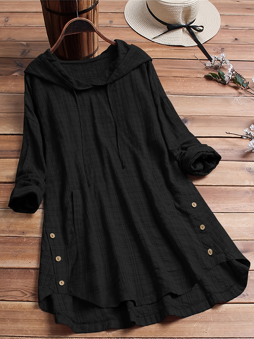 Women's Asymmetrical Plaid Hooded Shirt – Long-Sleeve Drawstring Waist-Tie Casual Blouse