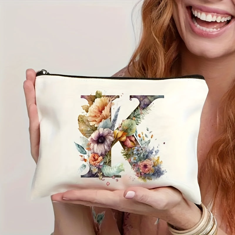 Alphabet Floral Canvas Pouch A-Z - Floral Canvas Cosmetic Bag & Clutch, Toiletry and Pen Case | Gift for Mom, Daughter, Teacher