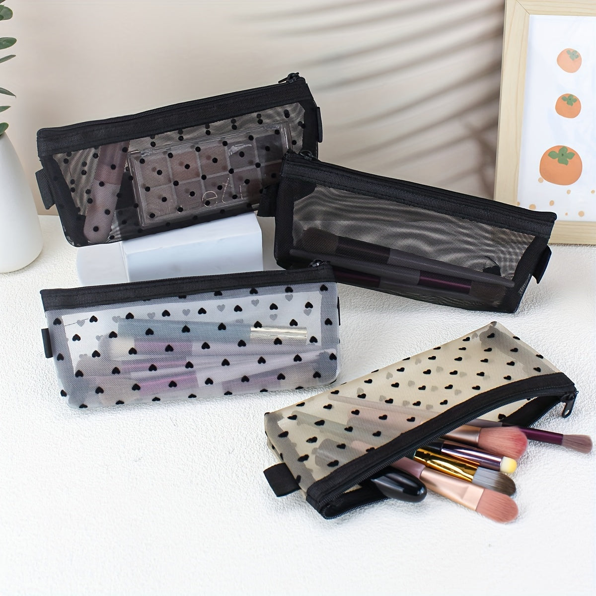 Heart Mesh Cosmetic Bag – Clear Travel Makeup Brush Organizer & Lipstick Pouch