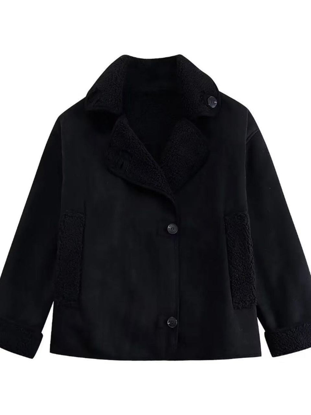 ARTPAGE Women's Suede-Like Faux Leather Jacket with Fur Lining — Short H-Line Black Winter Coat, Button Front Collar