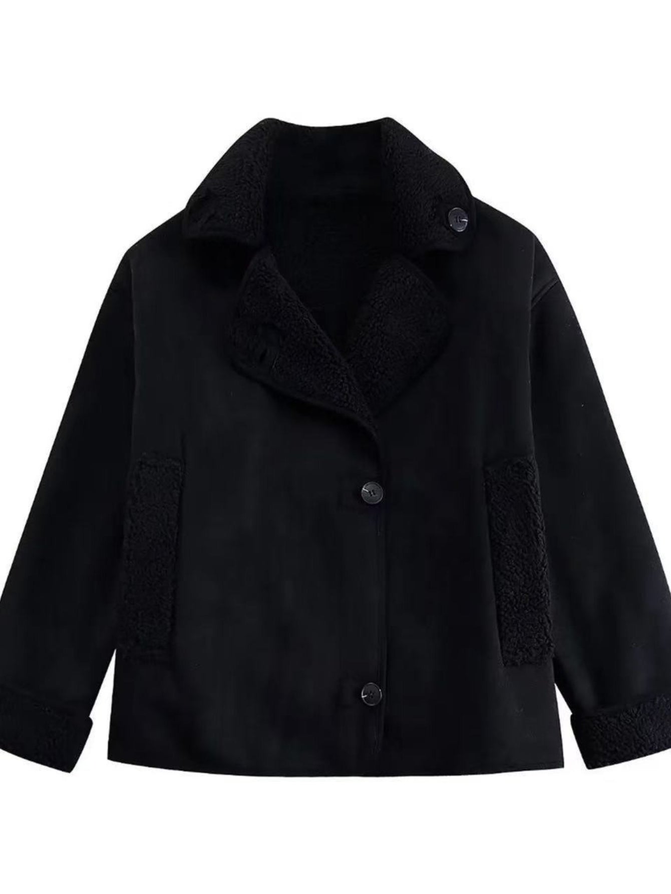 ARTPAGE Women's Suede-Like Faux Leather Jacket with Fur Lining — Short H-Line Black Winter Coat, Button Front Collar