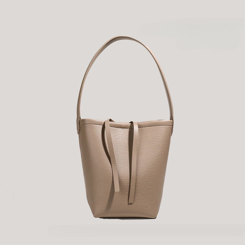 Women's Large Capacity Korean-Inspired Drawstring Bucket Tote - Minimalist Round PU Crossbody Shoulder Purse with Adjustable Strap, Black Grey Coffee Brown White Red