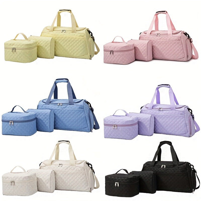 Women's Quilted Diamond 3-Piece Bag Set – Large Capacity Nylon Travel Tote, Removable-Strap Handbag & Square Makeup Bag