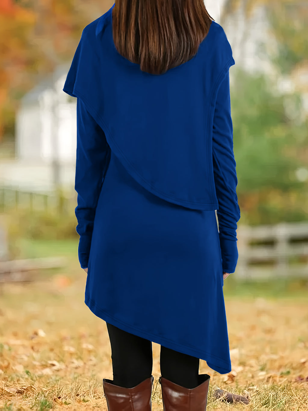 Women's Asymmetrical High-Neck Long Sleeve Tunic Dress, Knit Polyester Pencil Skirt, All-Season Casual