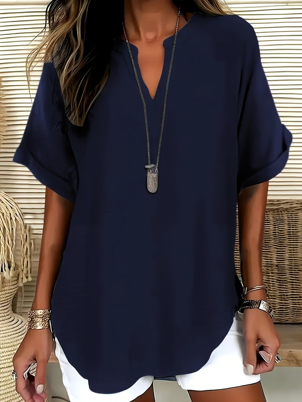 Plus Size V-Neck Blouse - Women's Short Sleeve Loose Batwing Top with Flared Hem, Stretchy Casual Shirt