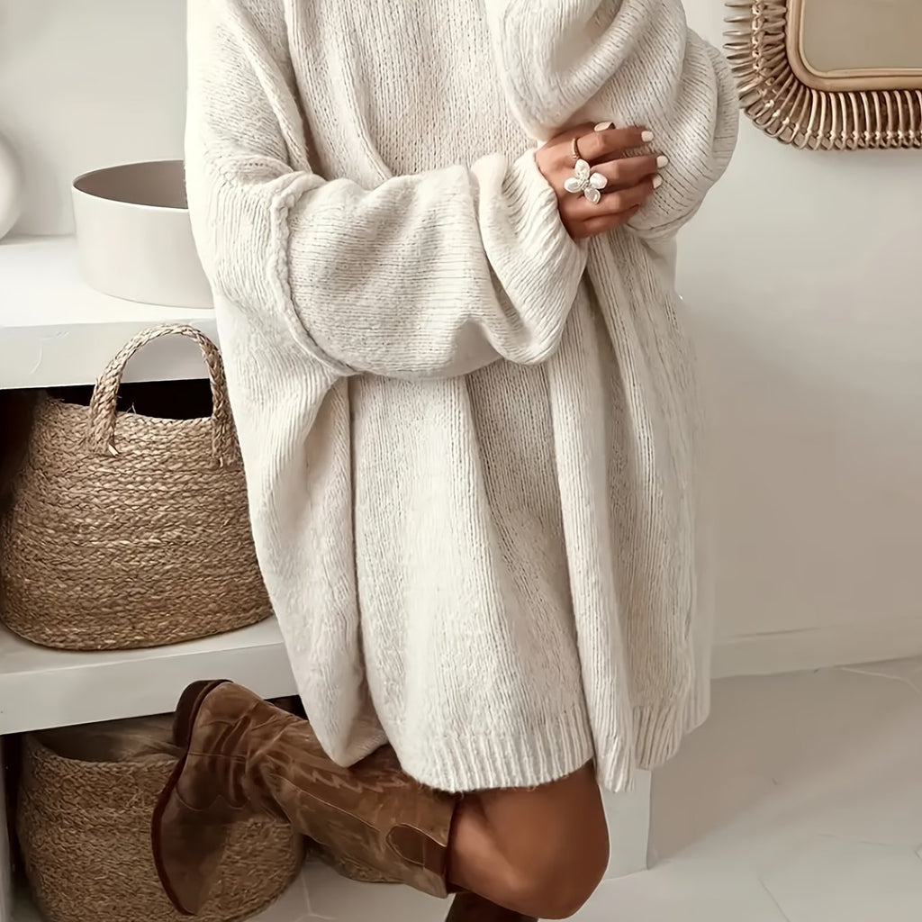 Plus Size Oversized Sweater Dress - Soft Beige Long Knit Pullover Coat, Crew Neck, Relaxed Fit, Machine Washable