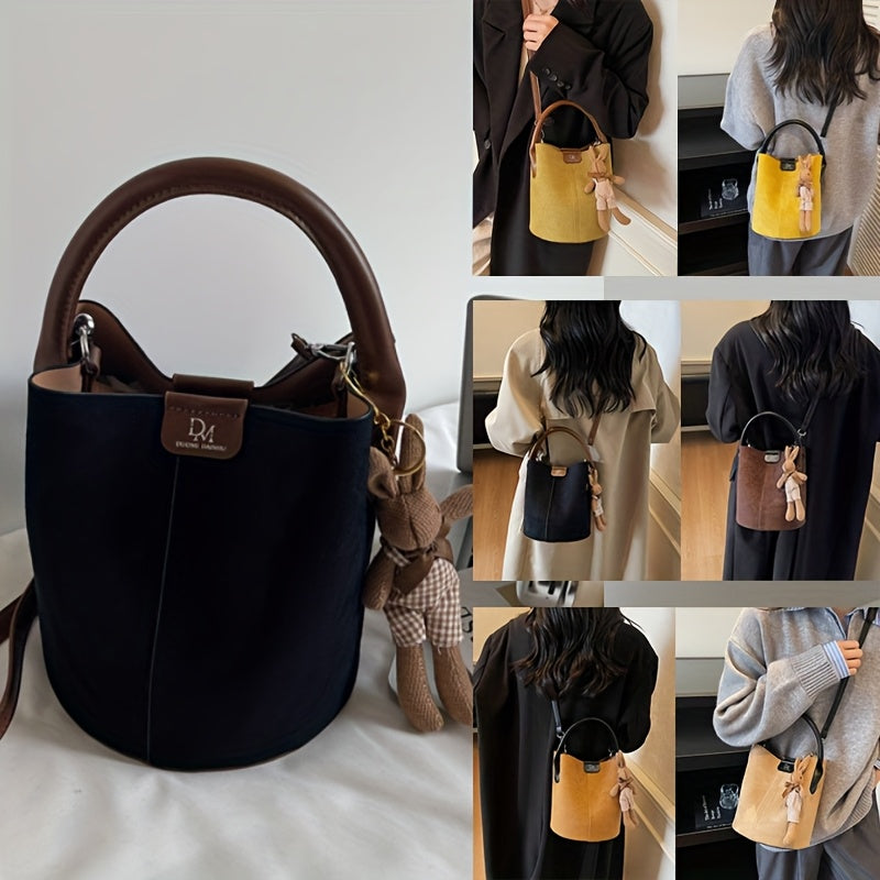 Women's Felt Bucket Bag – Adjustable Crossbody Purse with Magnetic Closure & Gold-Tone Hardware | Khaki, Dark Brown, Green, Yellow, Black