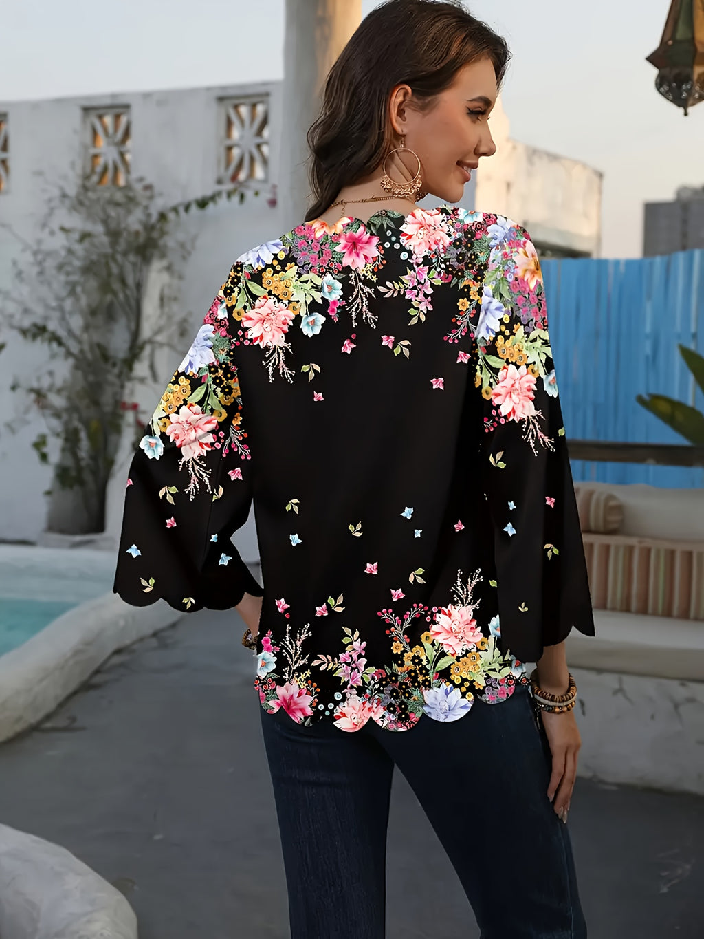 Elegant Floral Women's Short Sleeve Blouse - Black & White Dot Tunic with Collar, Machine Washable, Casual to Dressy