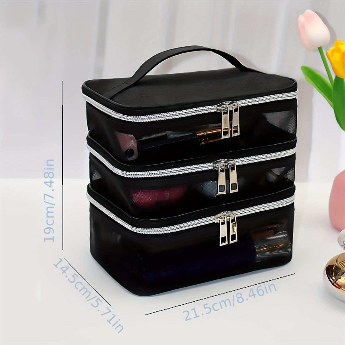 Large Capacity Nylon Multi-Layer Makeup Bag Organizer, Mesh Cosmetic Pouch for Travel & Home, Portable Unisex