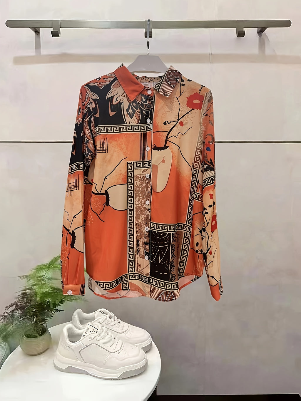 Women's Retro Floral Button-Front Long Sleeve Collared Blouse, Orange Brown - Casual Machine-Washable Polyester
