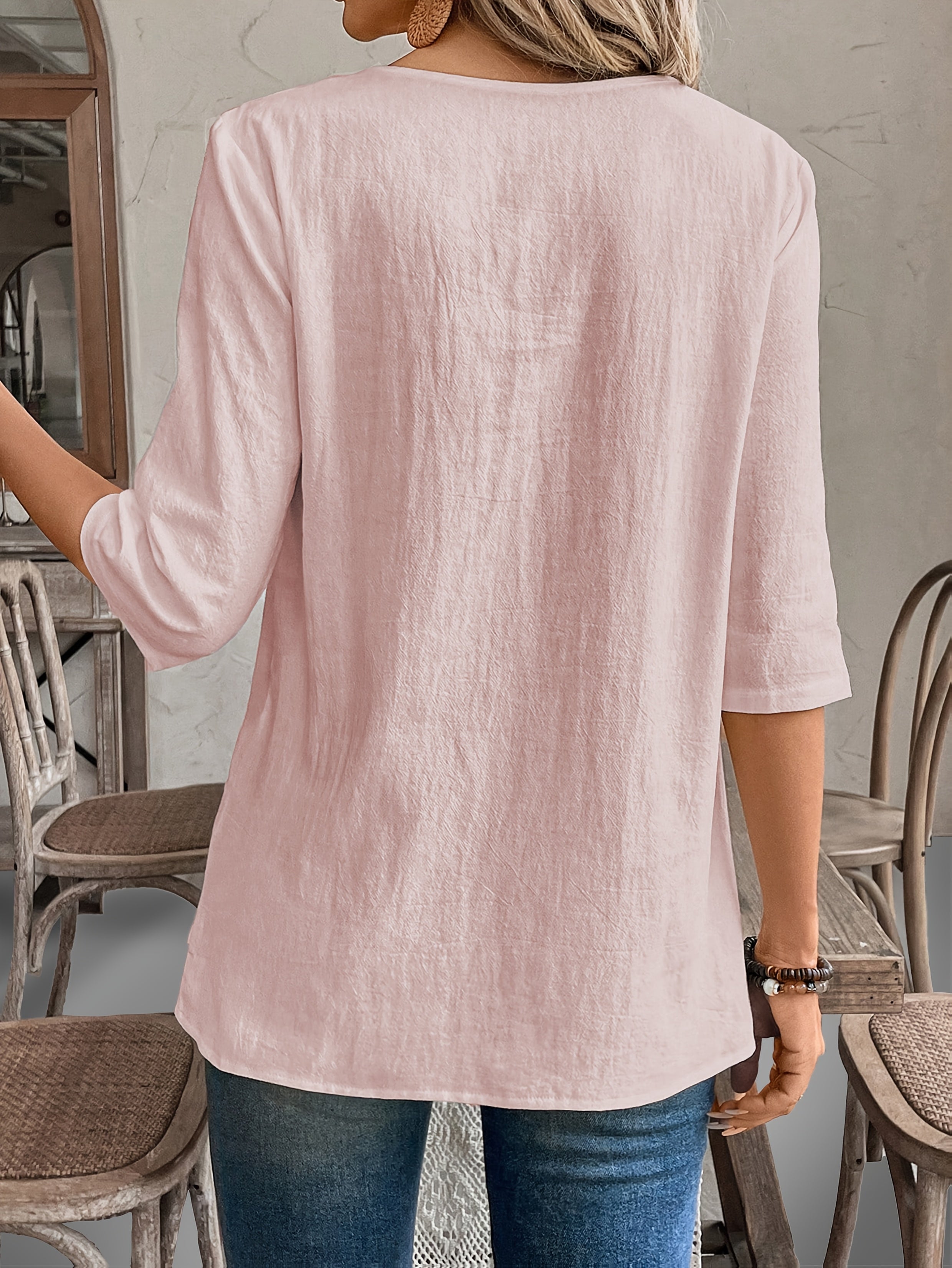 Women's Blue Asymmetrical Hem 3/4 Sleeve Top – Round Neck Pullover Blouse, Regular Fit, All-Season Casual