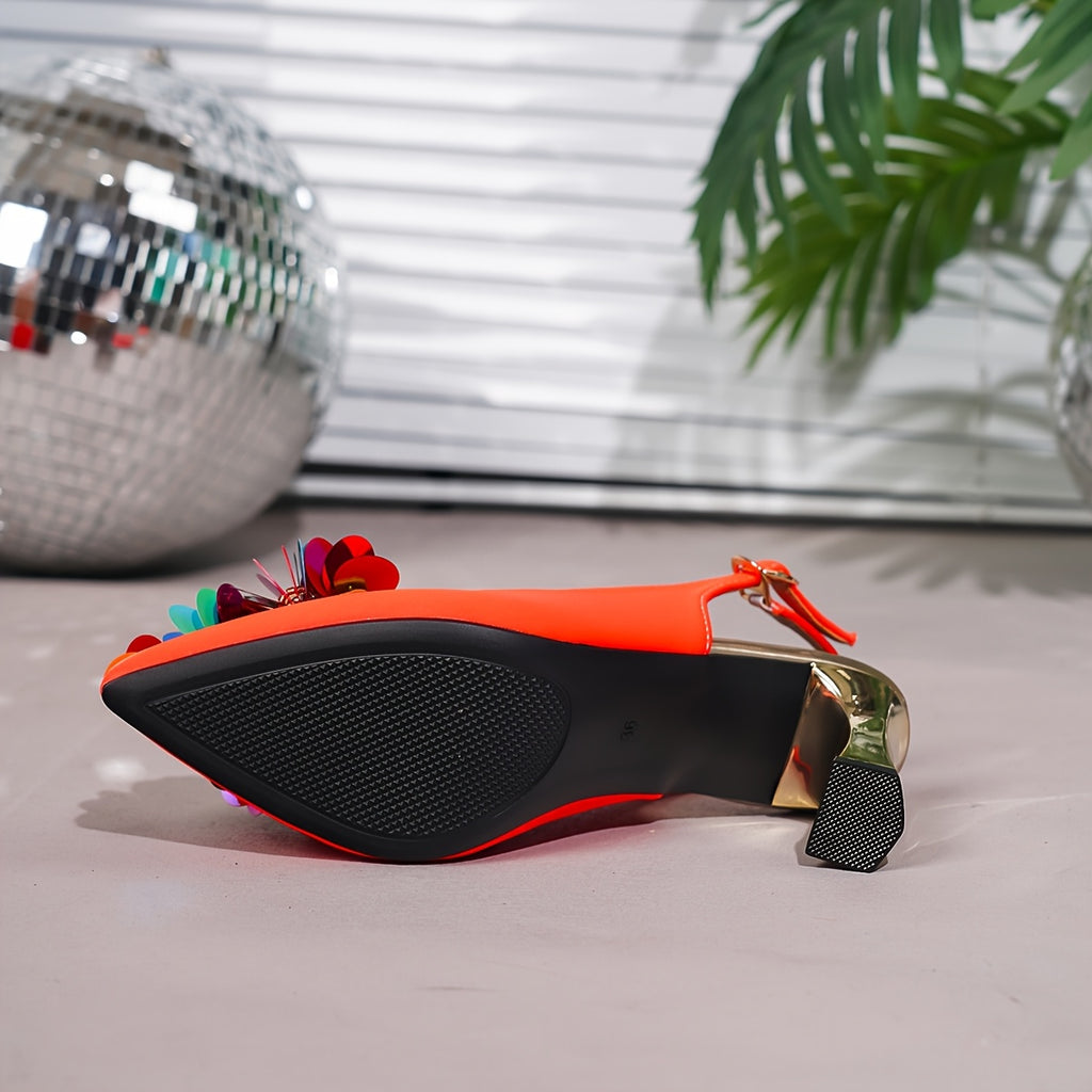 Women's Pointed Toe Block Heel Pumps – Orange & Black Sequined Evening Shoes with Cushioned Insole & Non-Slip Rubber Sole – Party & Wedding Guest