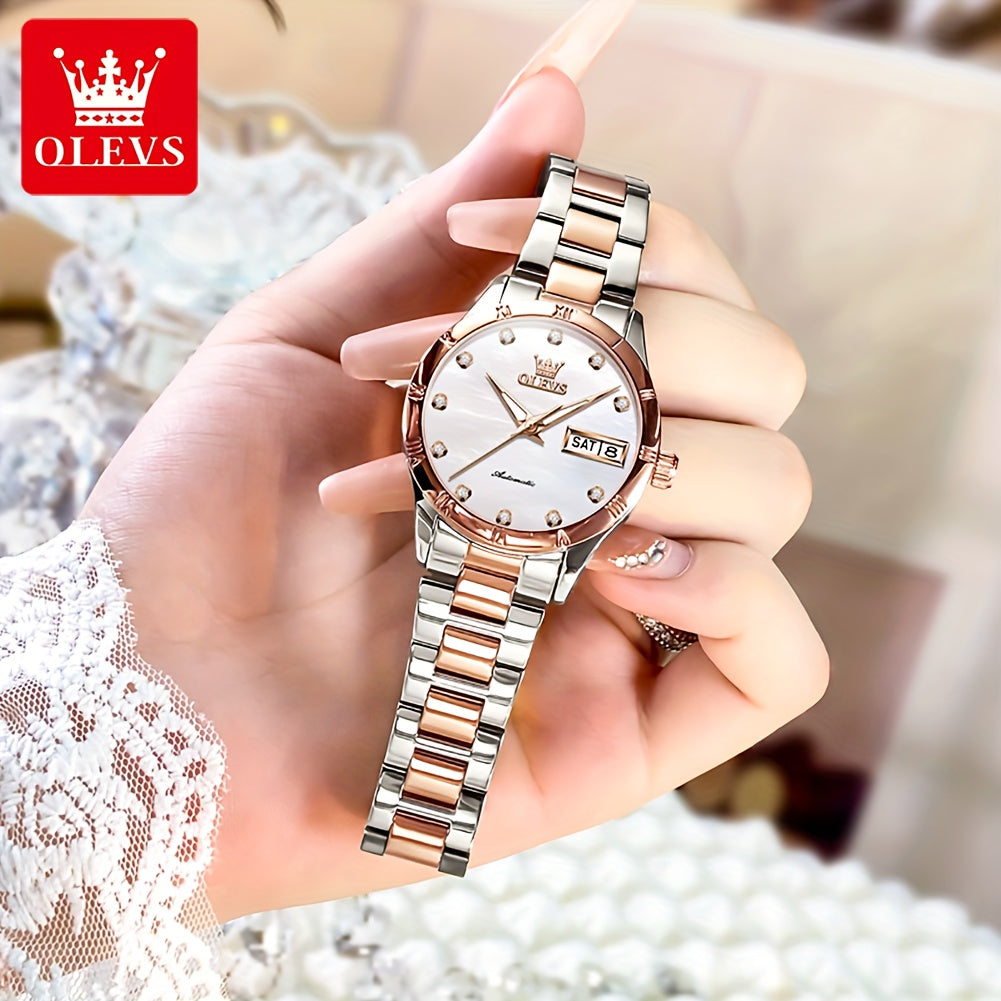 OLEVS Women's Stainless Steel Automatic Mechanical Watch - Vintage Analog Bracelet with Luminous Hands