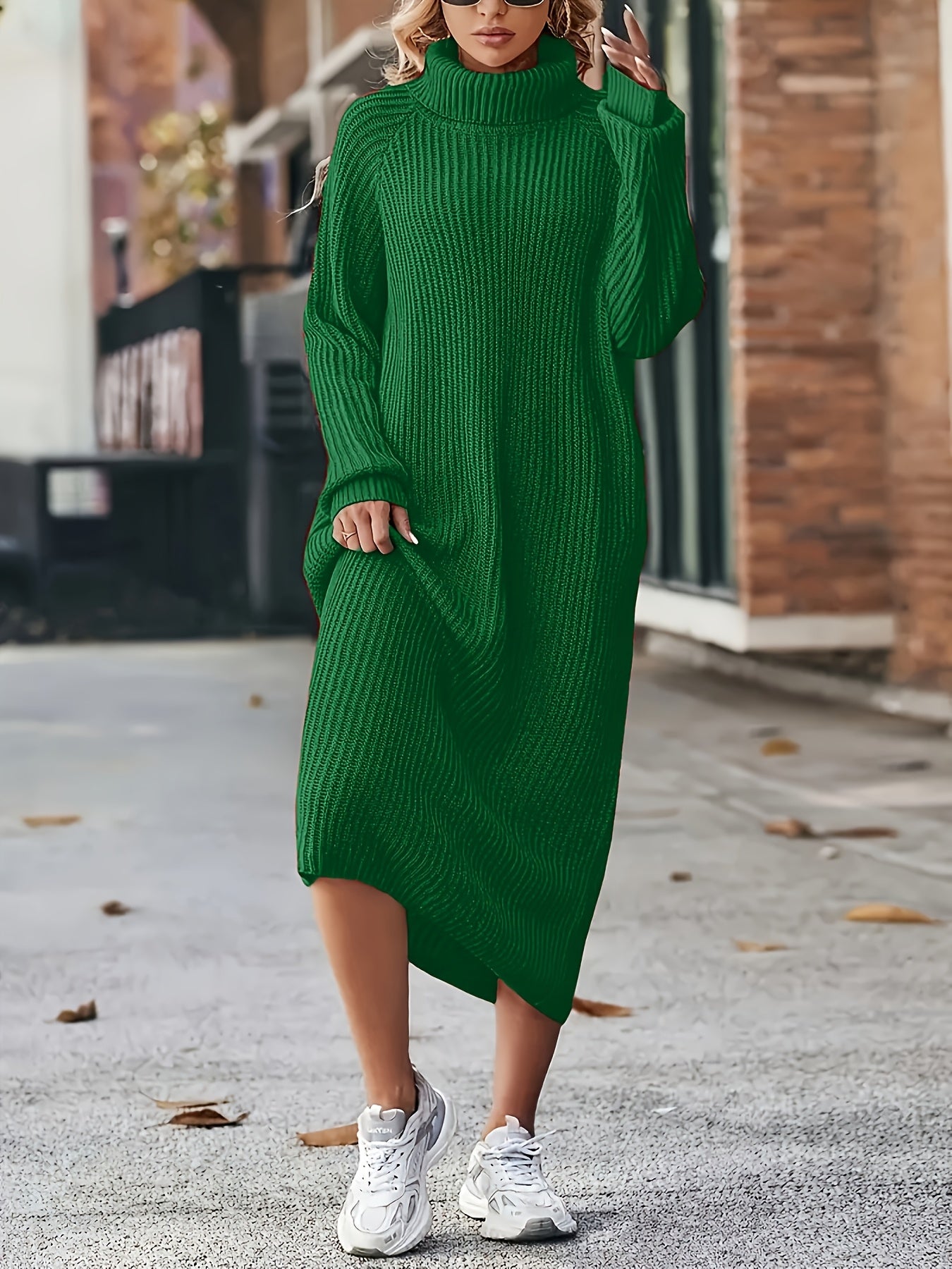Plus Size Rib-Knit Sweater Dress — Polyester High Neck Long Sleeve Raglan Pullover, Solid Color