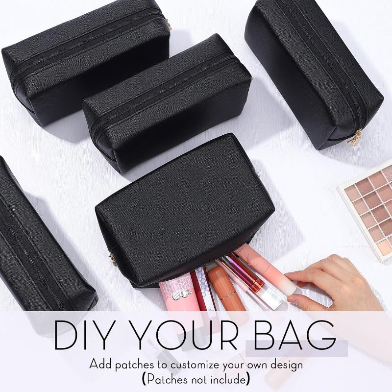 15-Pack Black Makeup Bags with Gold Hardware – Square Travel Cosmetic Pouches, Durable Polyester Toiletry Organizers for Women