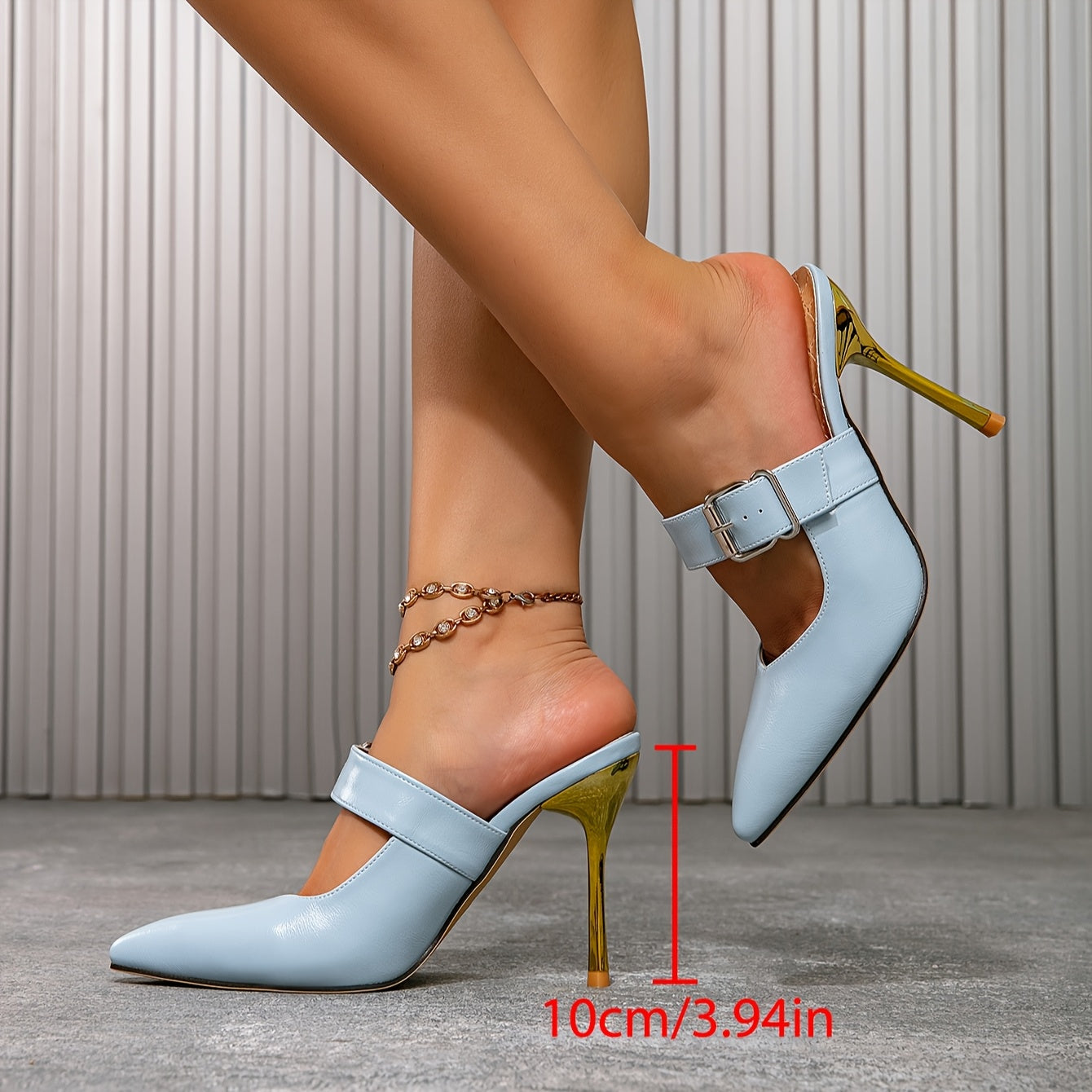 Vacation-Ready Pointed Toe Mary-Jane Stiletto Sandals with Silvery Buckle — 10 cm (4 in) Heel