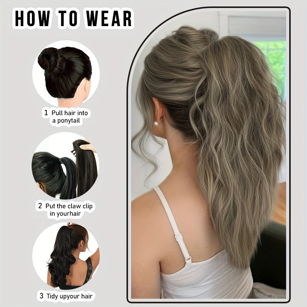 7JHH WIGS Water Wave Clip-In Ponytail Extensions – 18-inch (45 cm) Light Beige & Brown with Blonde Highlights, Natural Brown Roots, Heat-Resistant Synthetic for Volume & Length