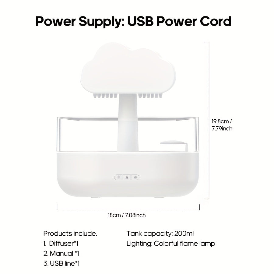 Raindrop Aroma Diffuser with Colorful LED Night Light – USB Rain Cloud Humidifier & Essential Oil Diffuser for Desktop (10–20 m² / 107–215 ft²)