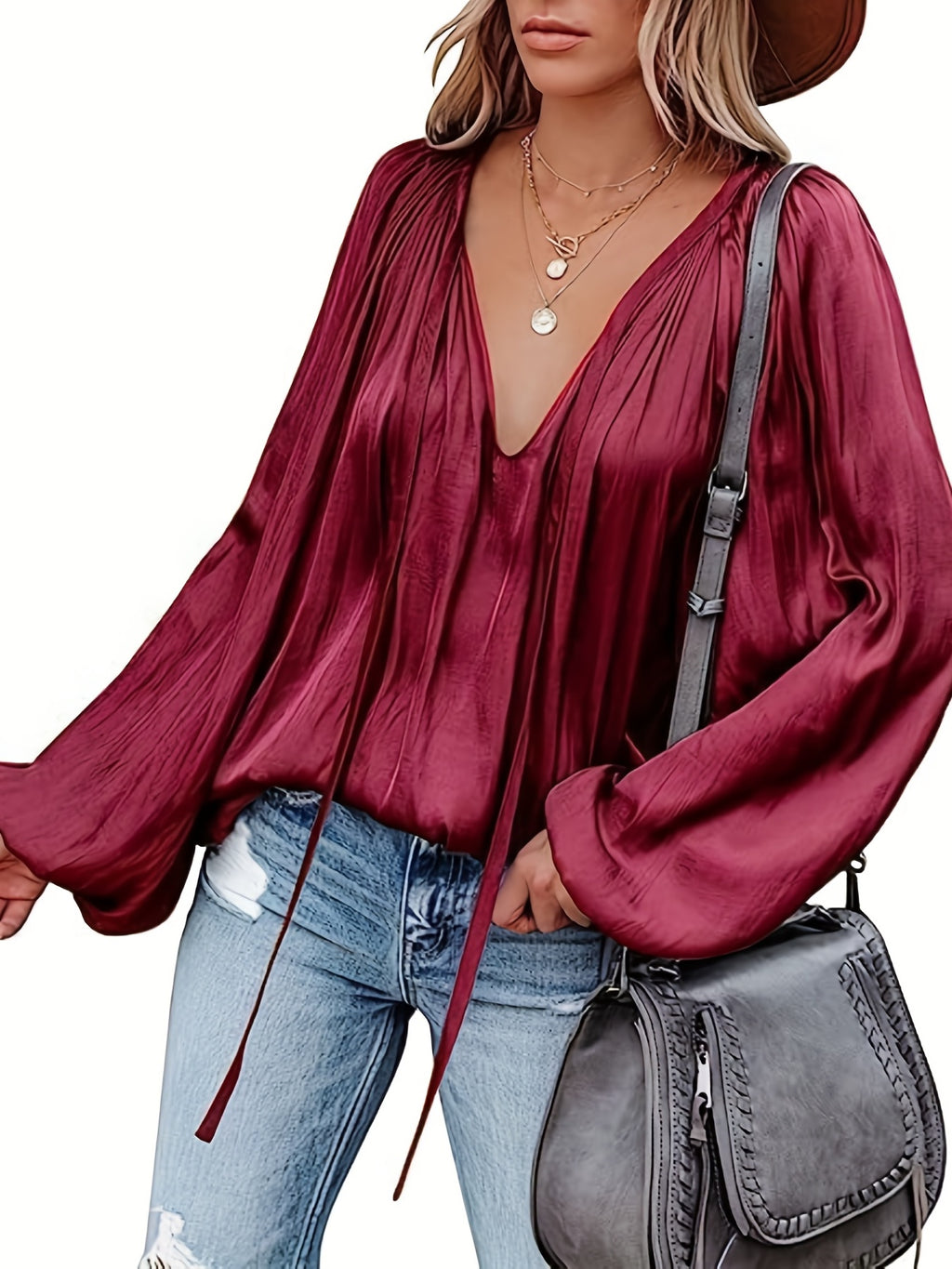 Women's Red V-Neck Long Sleeve Blouse — Elegant Office & Party Top, Machine Washable