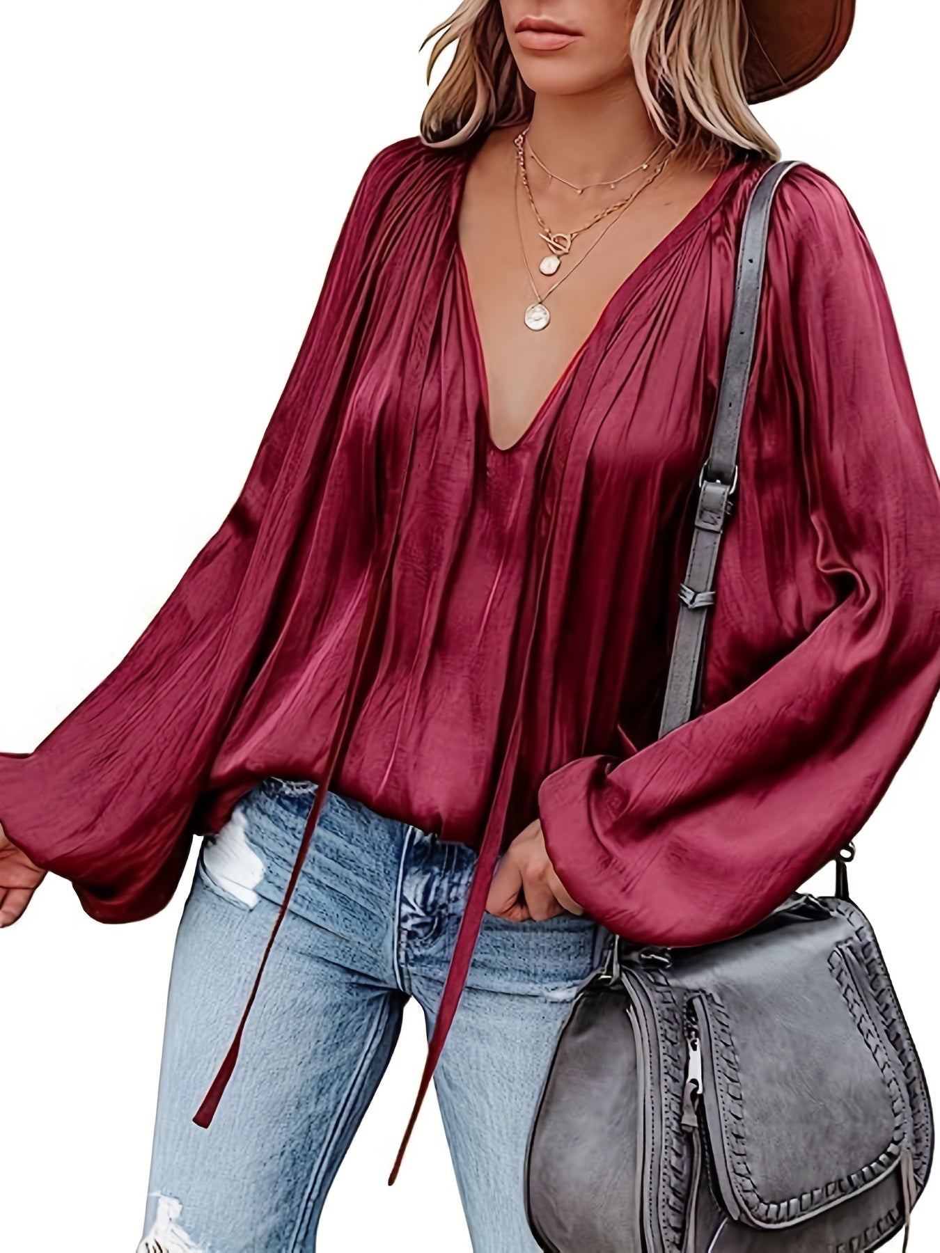 Women's Red V-Neck Long Sleeve Blouse — Elegant Office & Party Top, Machine Washable