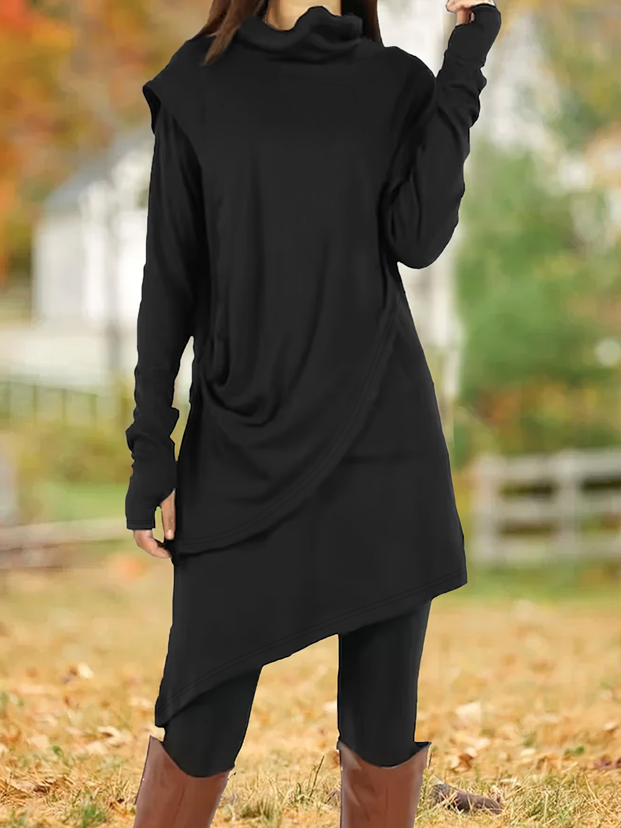 Women's Asymmetrical High-Neck Long Sleeve Tunic Dress, Knit Polyester Pencil Skirt, All-Season Casual
