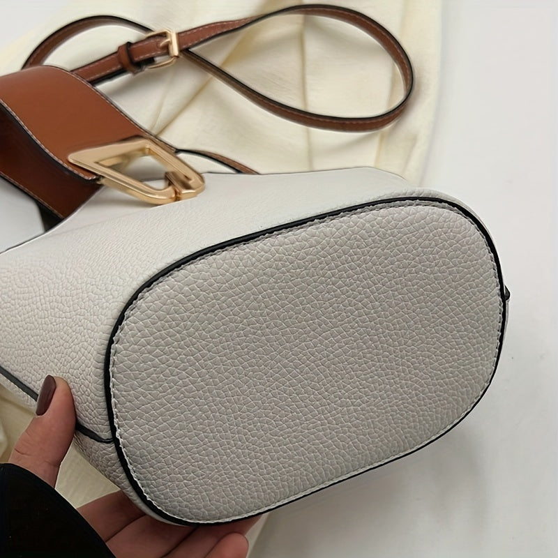 Elegant Beige Bucket Bag – French-Inspired Women's Handbag with Adjustable Thin Shoulder Strap, Large Capacity, Zipper Closure, Crossbody Purse for Work & Travel