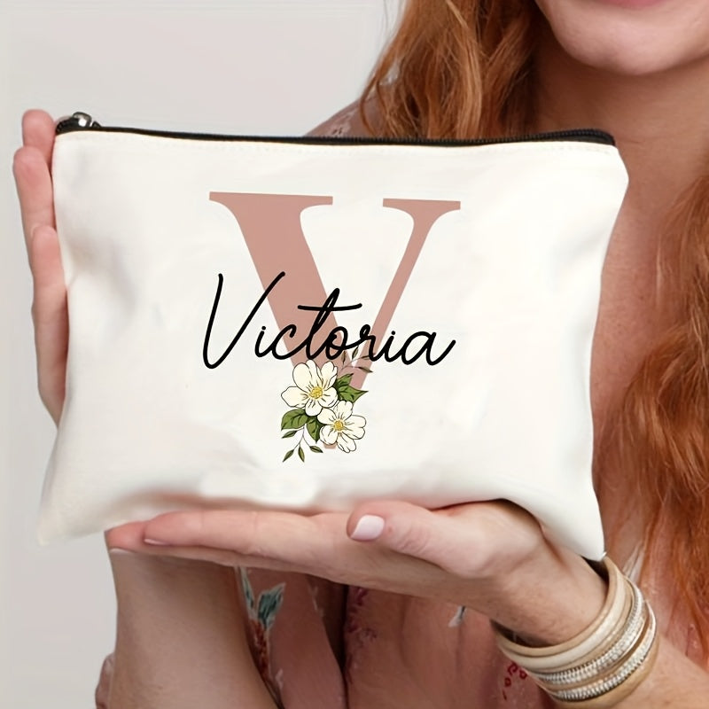 Customizable Floral Makeup Bag - Foldable Polyester Cosmetic Pouch for Travel, Zippered Toiletry Organizer, Machine Washable, Ideal Bachelorette Gift