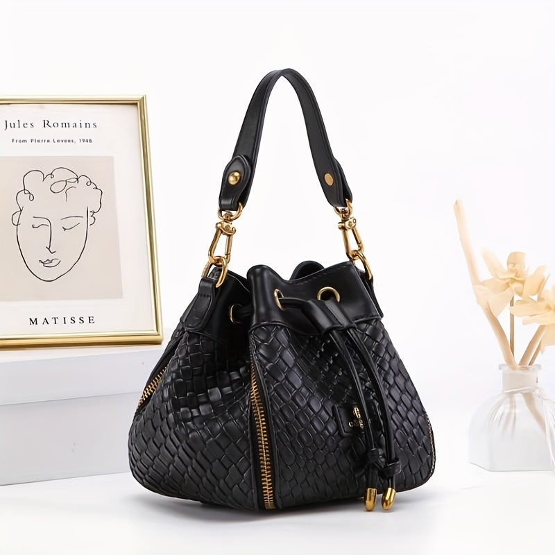 Genuine Leather Crossbody Bucket Bag - Drawstring Purse with Gold-Tone Hardware, Black & White, Elegant Everyday to Formal Handbag