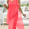 Royal Blue Chiffon Midi Dress with Asymmetrical Hem & Layered Sleeves - Sleeveless Crew Neck Bodycon Dress for Women