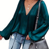Women's Red V-Neck Long Sleeve Blouse — Elegant Office & Party Top, Machine Washable