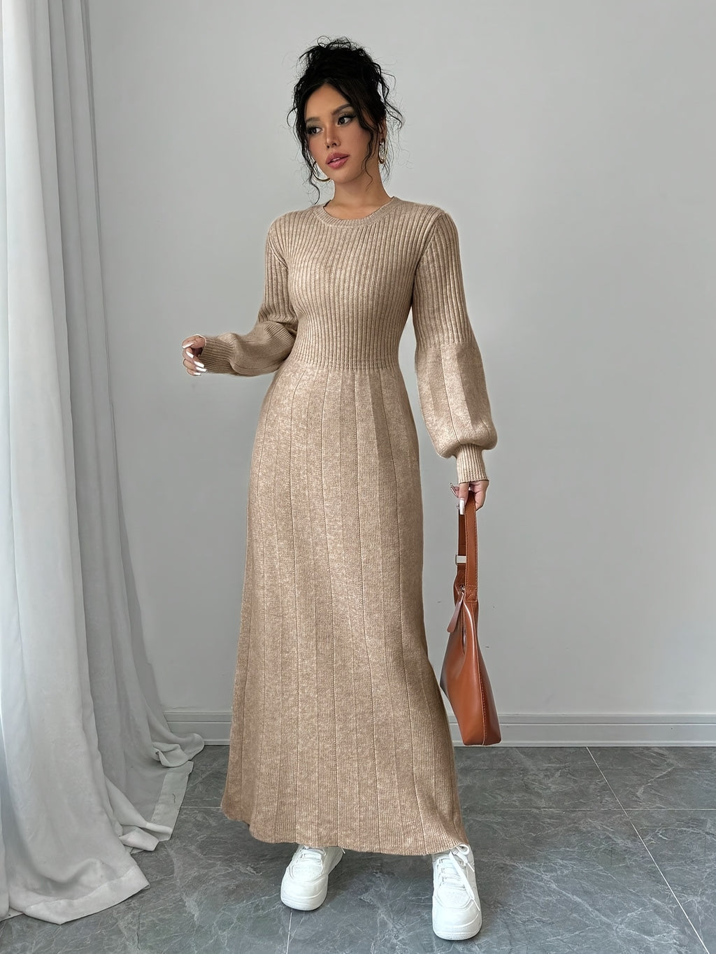 Beige Knit Sweater Dress with Lantern Sleeves, Long High-Neck Ribbed Fall Winter Dress for Women