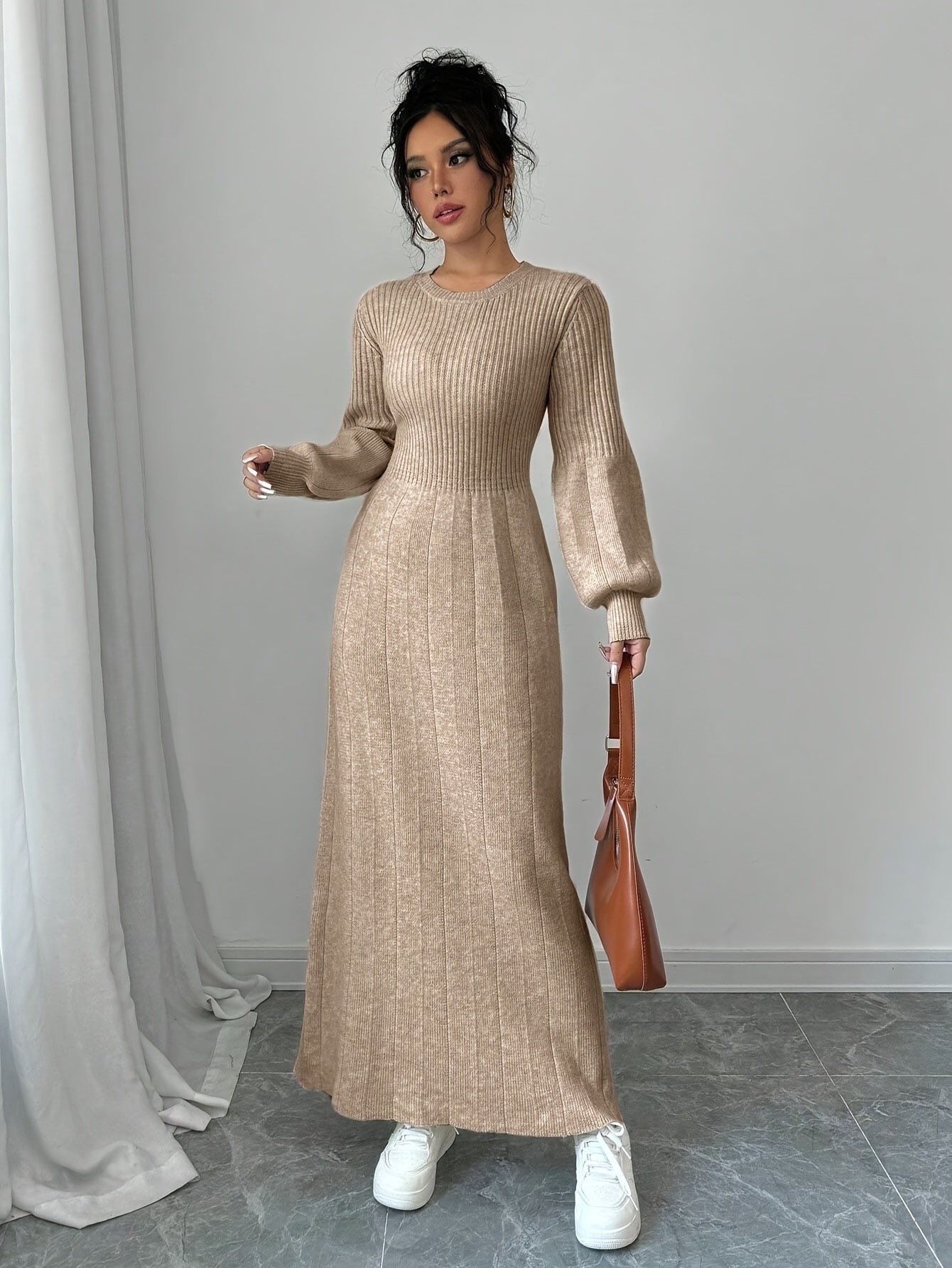 Beige Knit Sweater Dress with Lantern Sleeves, Long High-Neck Ribbed Fall Winter Dress for Women