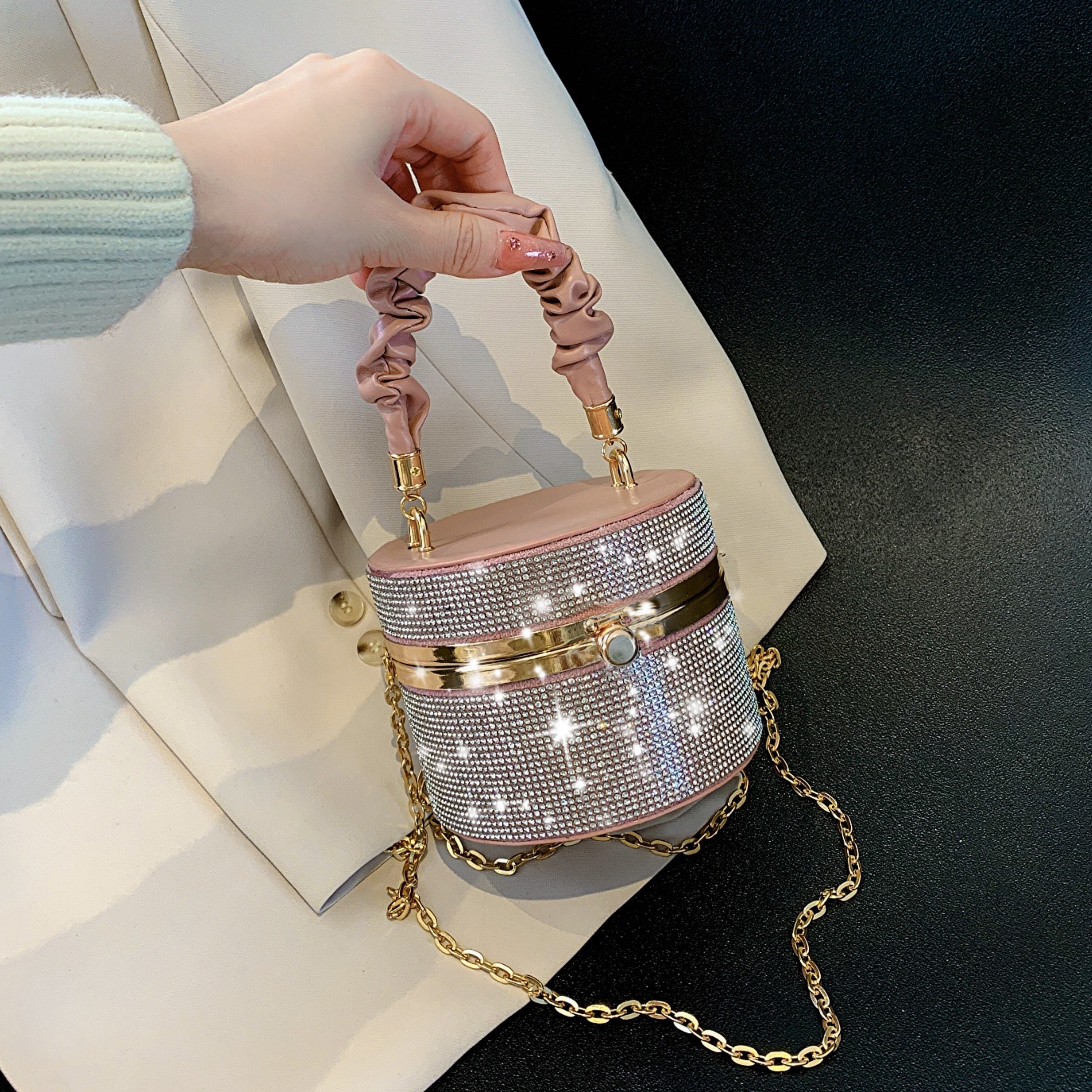 Mini Rhinestone Bucket Bag – Ruched Chain Shoulder Evening Purse, 3.9 x 4.7 x 4.7 in (10 x 12 x 12 cm)