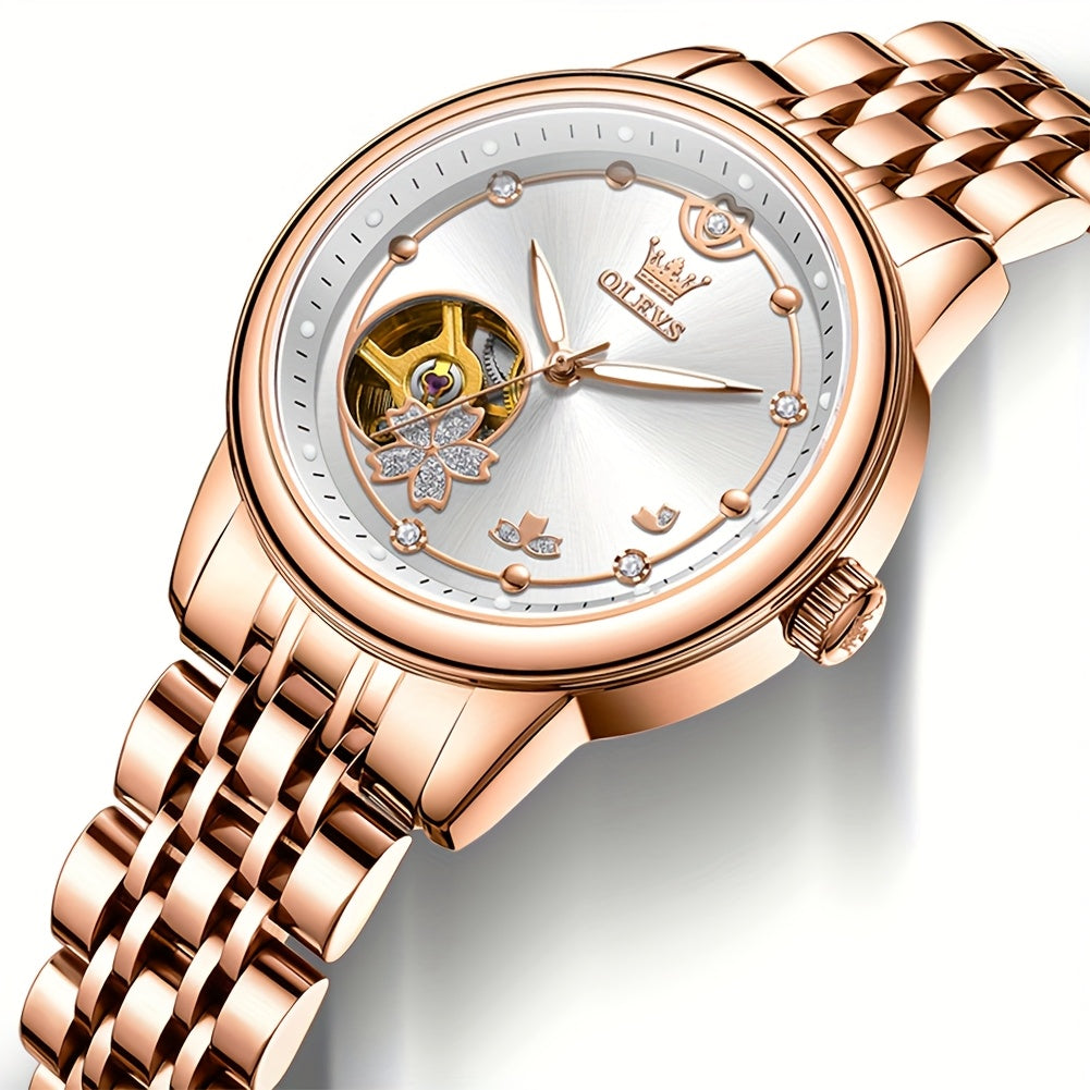 OLEVS Women's Automatic Mechanical Watch – Rose Gold Stainless Steel, Luminous Hands, Chronograph & 24-Hour Display – Luxury Dress Watch, No Battery