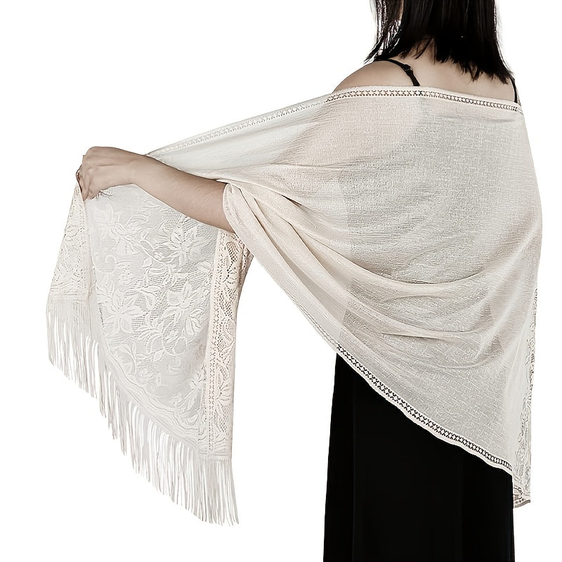Lightweight Fringe Shawl Wrap for Women — Solid Floral Lace Evening Scarf for Weddings & Parties