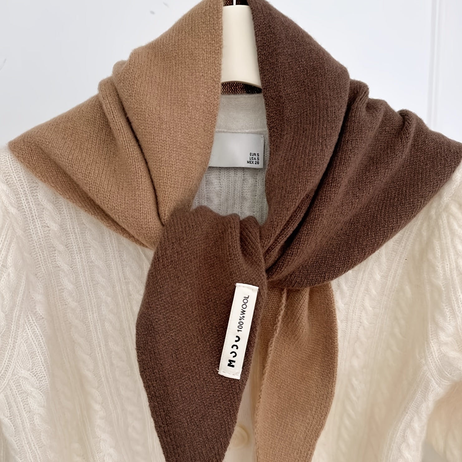 Women's Luxury 100% Wool Triangle Shawl Scarf - Brown Elegant Knit Neck Wrap, Headband & Face Cover for Winter, Office & Party