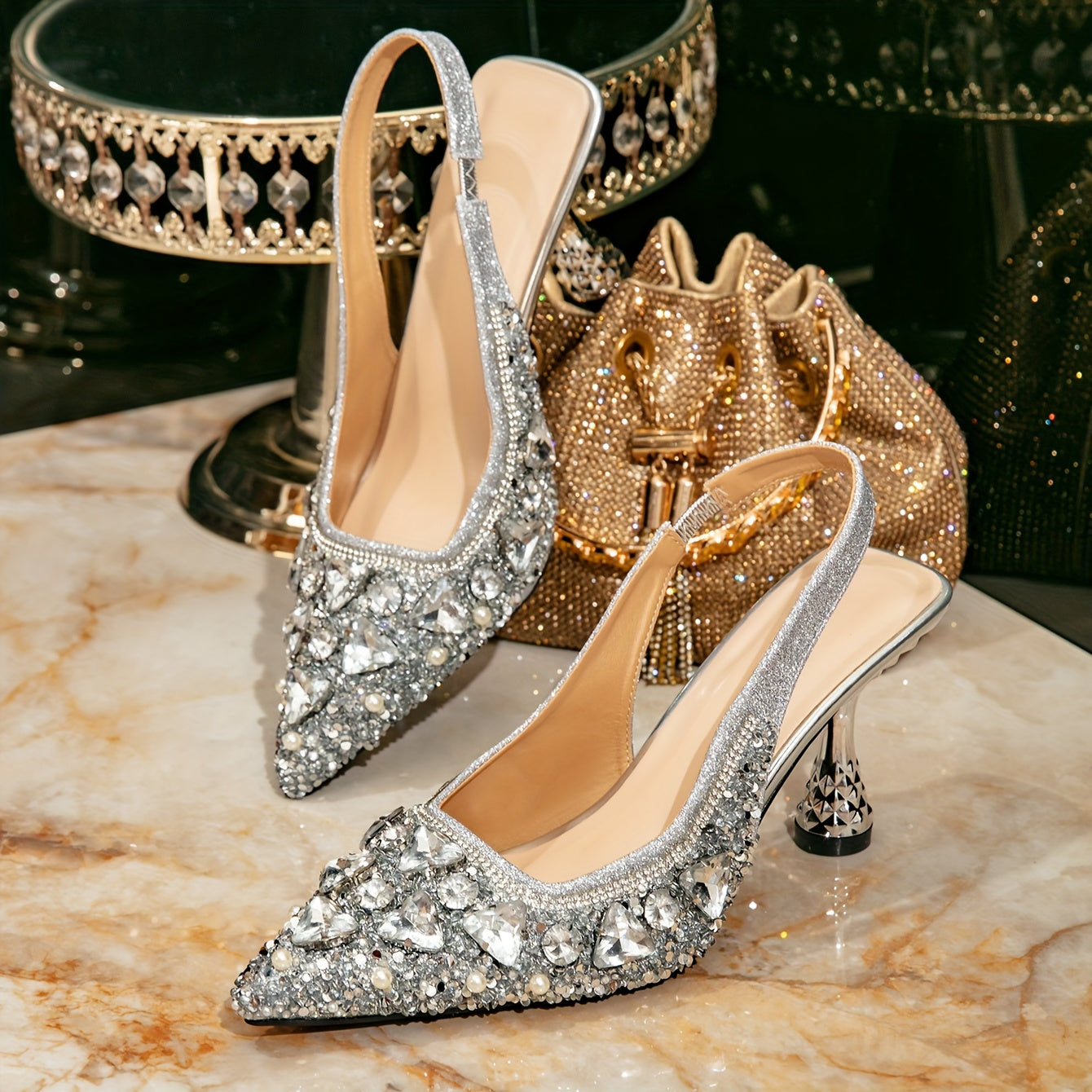 Women's Silver Pointed Toe D'Orsay High Heels - Rhinestone & Pearl Embellished Flare Heel Evening Pumps