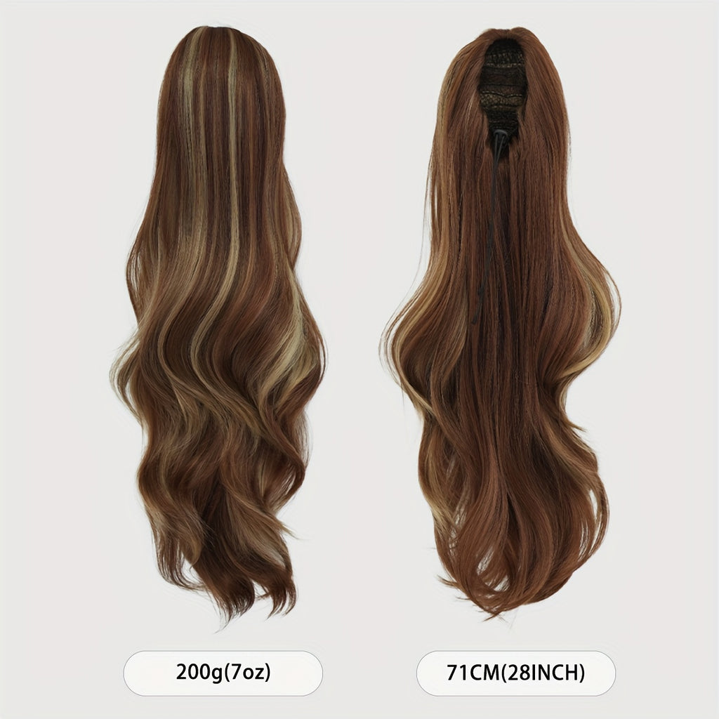 7JHH WIGS 28-Inch (71 cm) Loose Curly Drawstring Ponytail Hair Extension – Natural Brown Ombre, Heavy-Duty Realistic Volume for Women