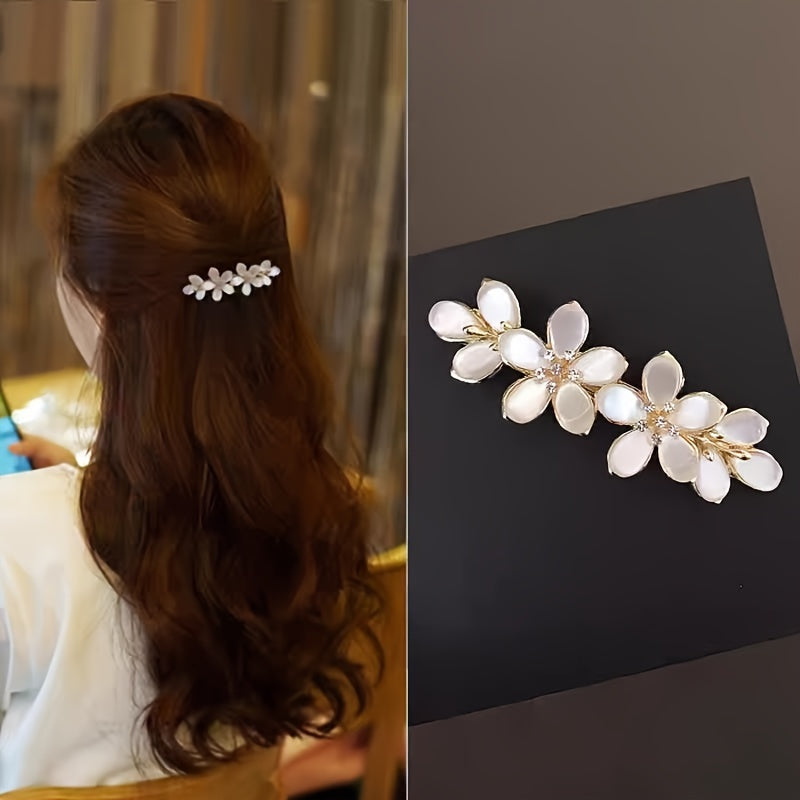 Elegant Floral Rhinestone Hair Barrette French Spring Clip for Bridal Half-Up Hairstyles and Ponytails