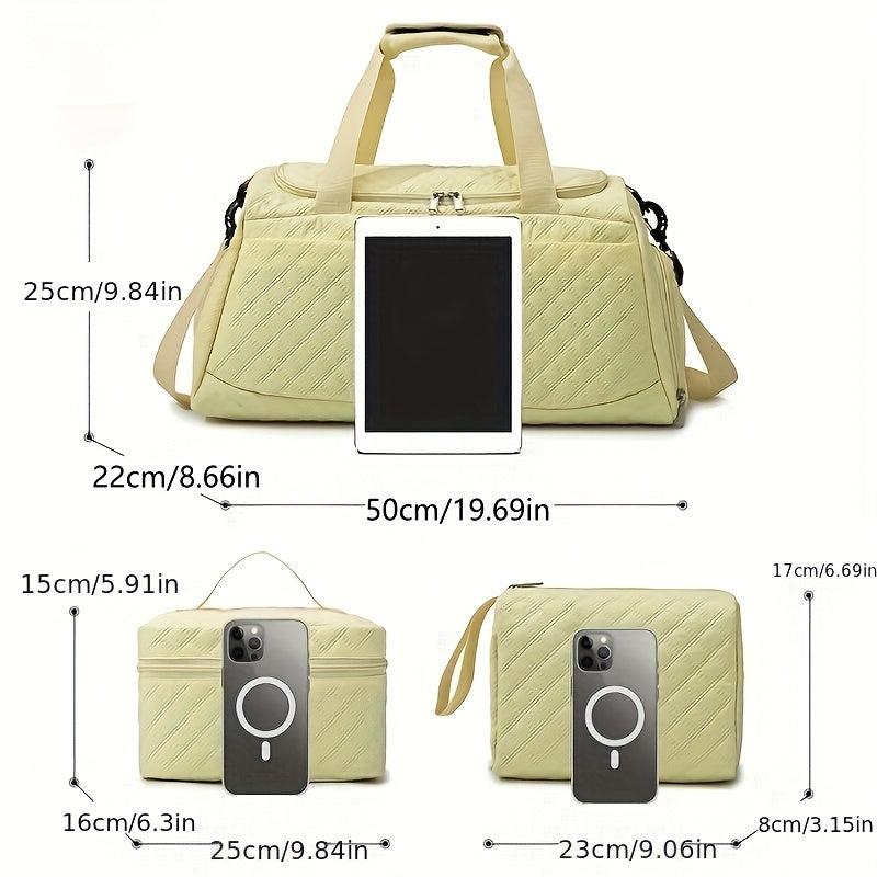 Women's Quilted Diamond 3-Piece Bag Set – Large Capacity Nylon Travel Tote, Removable-Strap Handbag & Square Makeup Bag