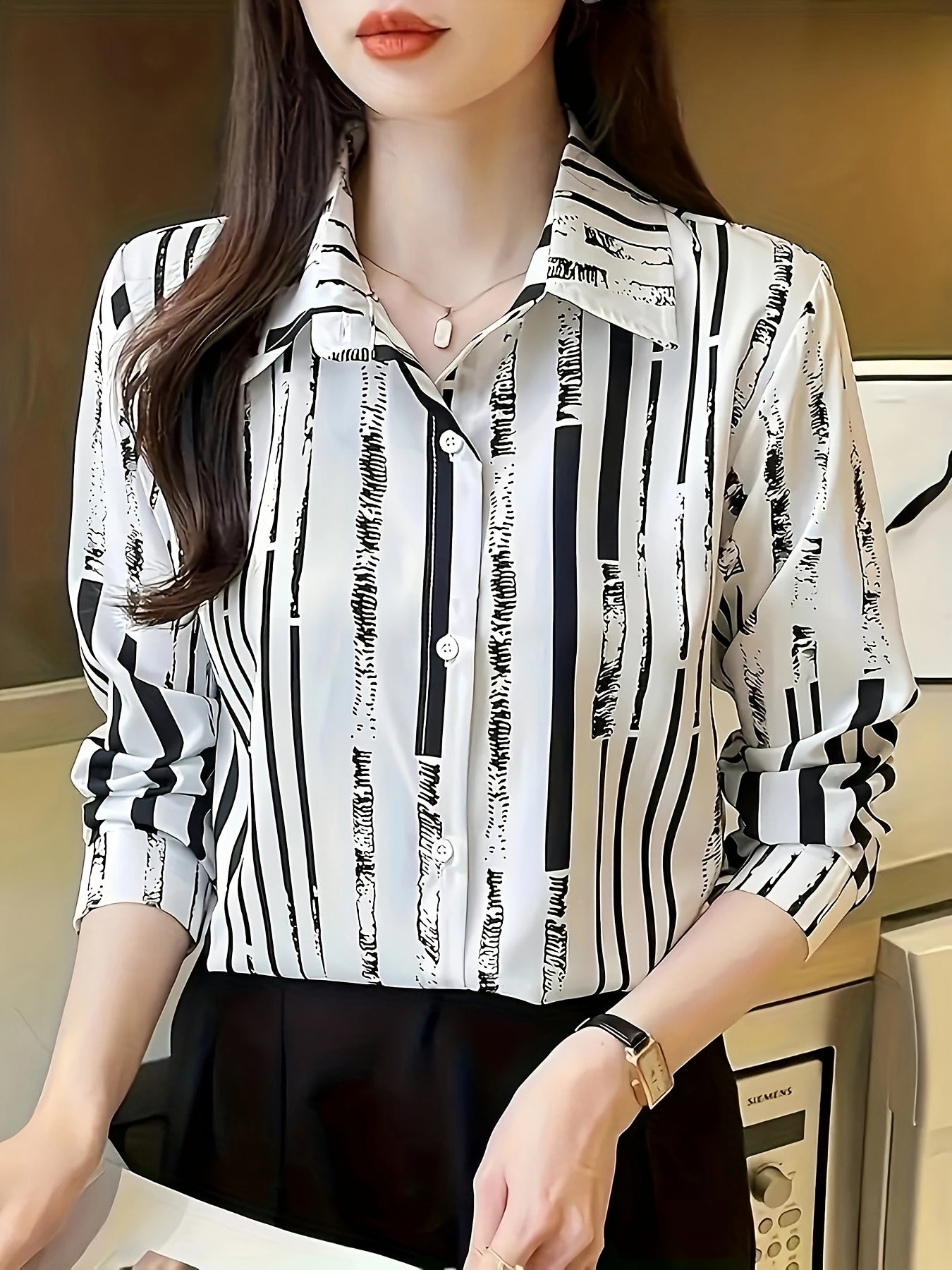Women's Black & White Vertical Striped Button-Up Shirt — Lightweight Polyester Long Sleeve Collared Top