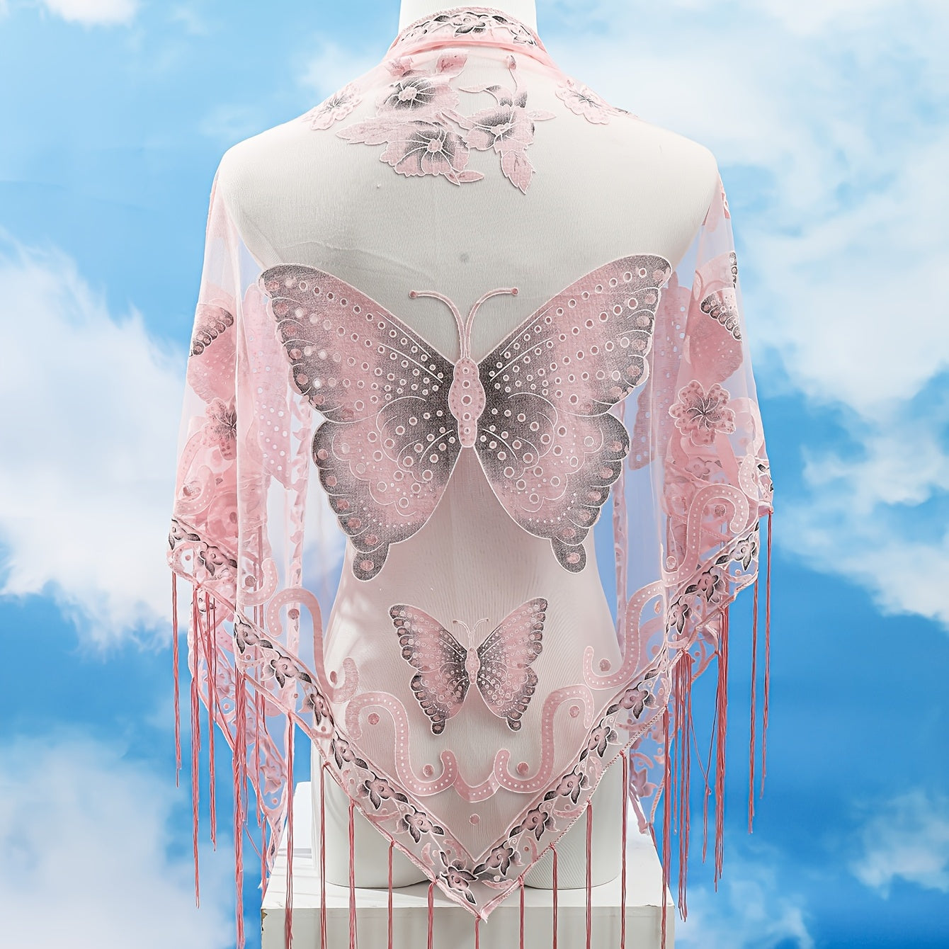 Breathable Embroidered Triangle Scarf 29.5 in x 55.1 in (75 x 140 cm) Lace Tassel Shawl Wrap