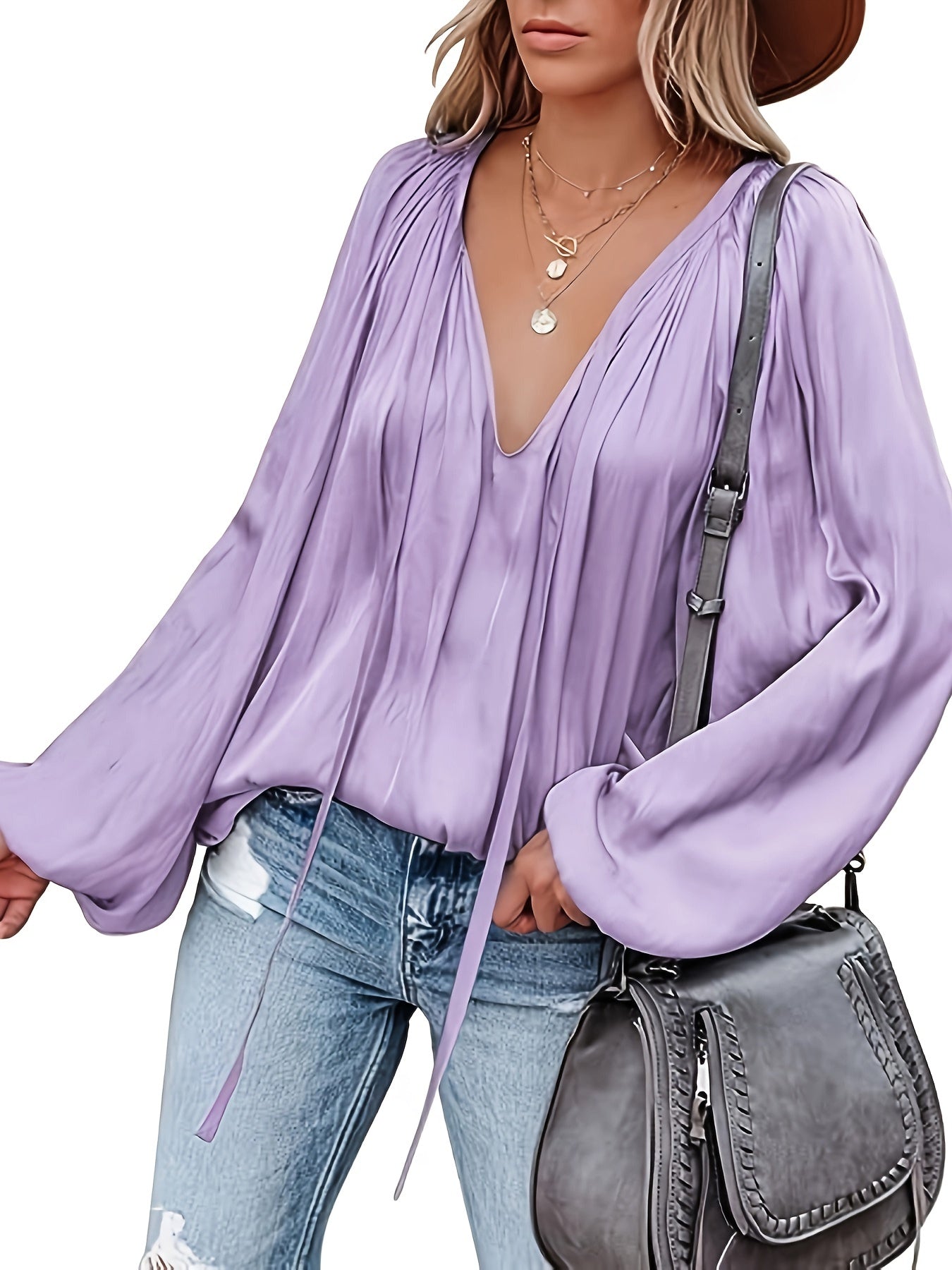 Women's Red V-Neck Long Sleeve Blouse — Elegant Office & Party Top, Machine Washable