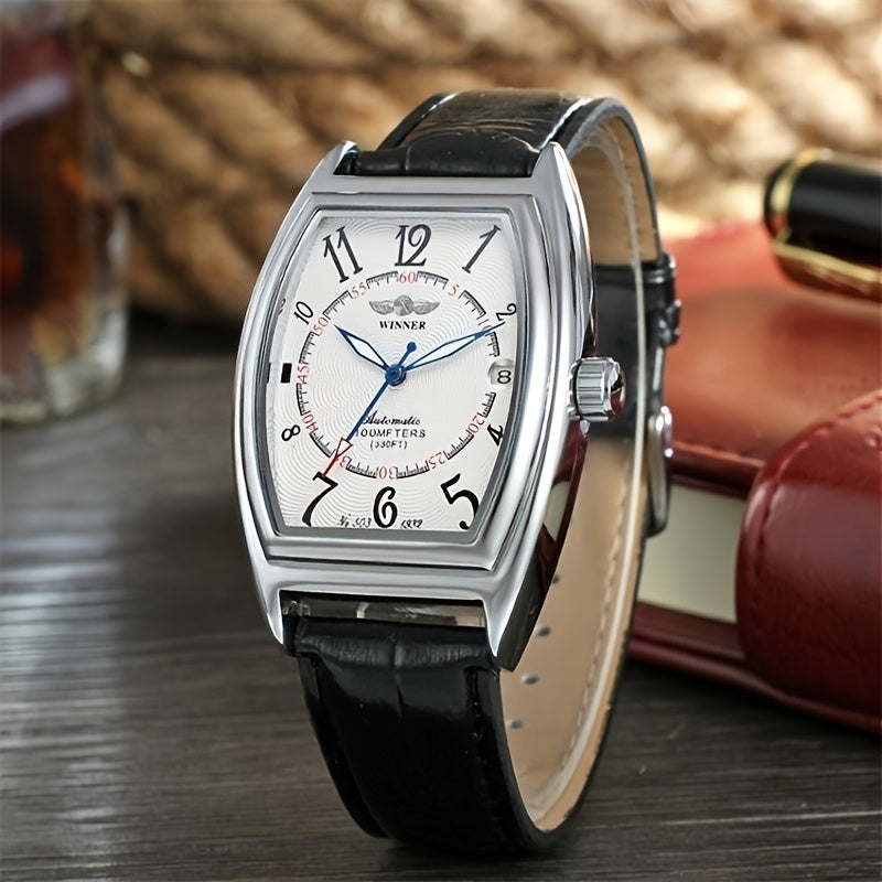 Women's Automatic Mechanical Watch Tonneau Case Faux Leather Strap Blue Hands Date Calendar Vintage Gift