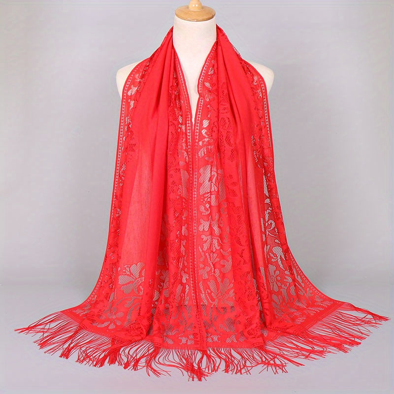 Floral Lace Tassel Scarf Shawl for Women - Bridal Mesh Fringe Wrap for Wedding & Evening