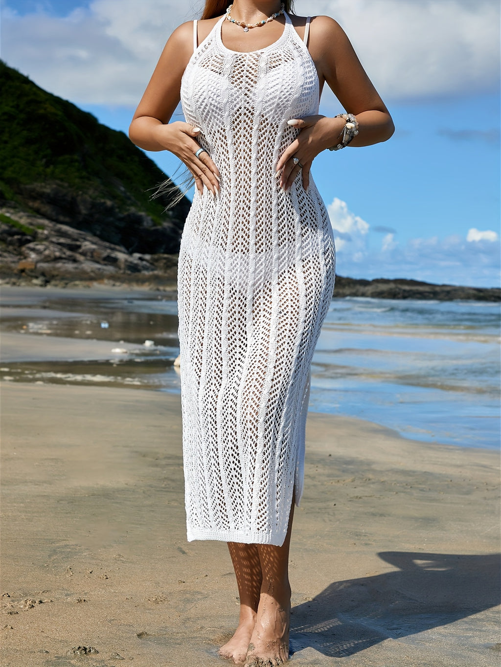 Women's V-Neck Hollow-Out Tie-Back Long Knit Monokini Dress - 100% Acrylic, High Stretch Beachwear
