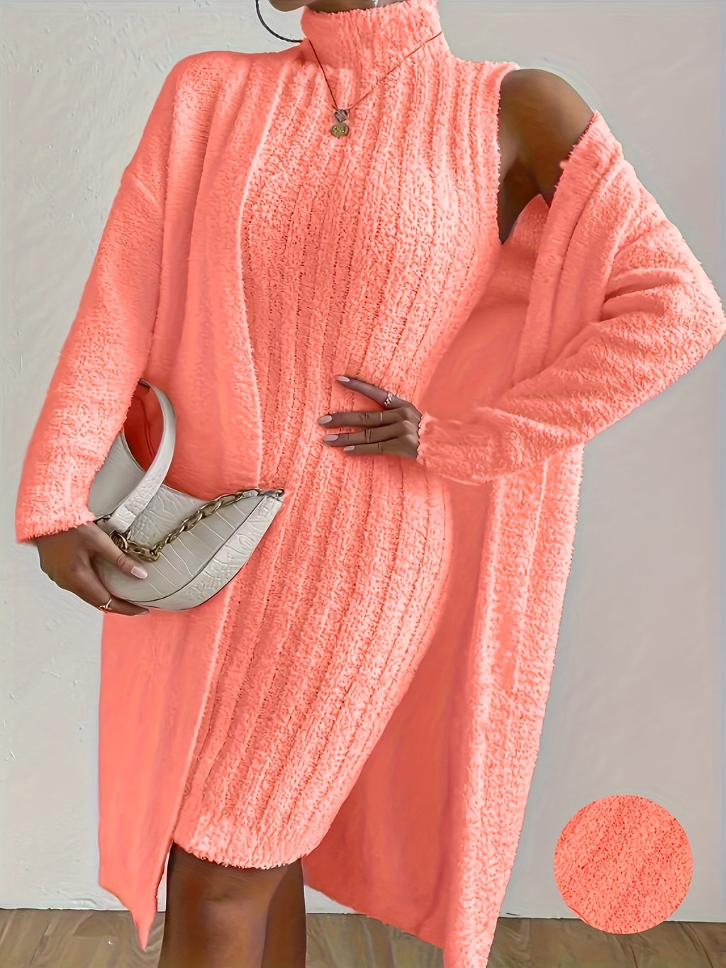 Plus Size Cozy Teddy Bear Sweater Dress & Strapless Cardigan Set - Red Ribbed Knit Two-Piece for Fall/Winter
