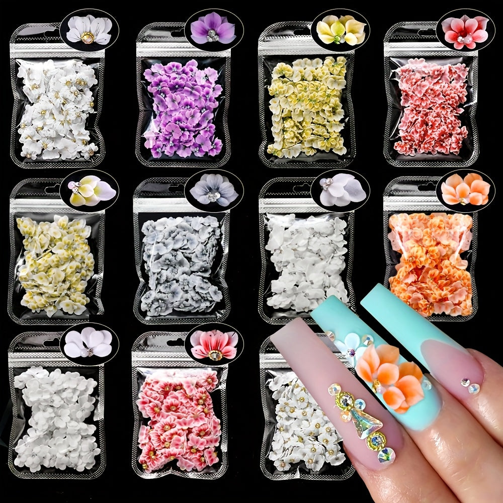 10-Pack 3D Acrylic Carved Flower Nail Art Charms Rhinestone Sculpted Cherry Blossom Nail Decorations