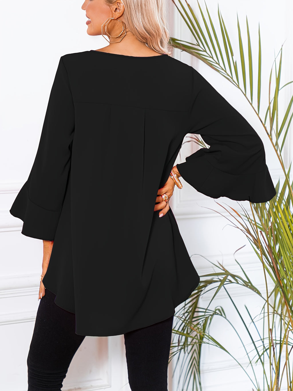 Women's Solid Crew Neck Ruffle Sleeve Blouse – Elegant Spring & Summer Woven Top